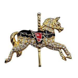 Rhinestone Carousel Horse Brooch Black Red Enamel Saddle Gold Plated Vintage